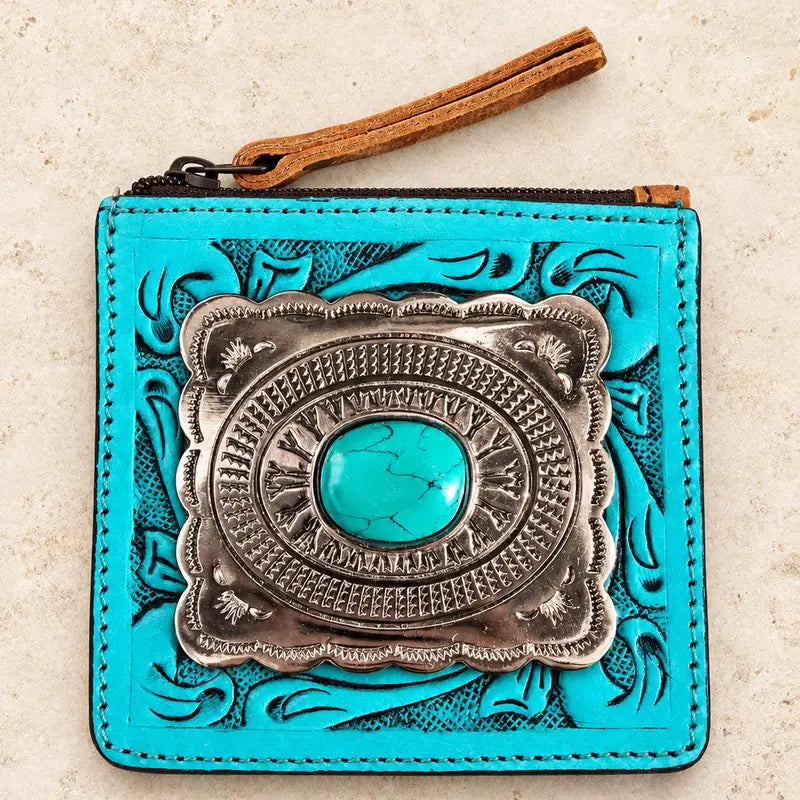Tooled Leather Zip Wallet with Turquoise Concho