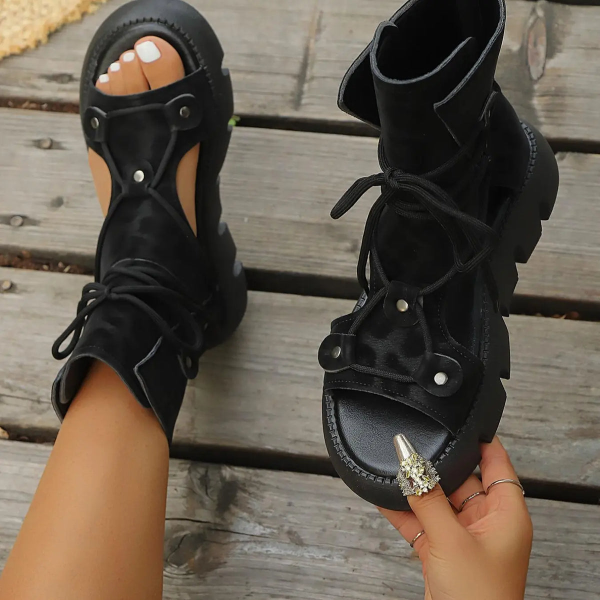 Black Platform Lace-Up Open Toe Ankle Sandals