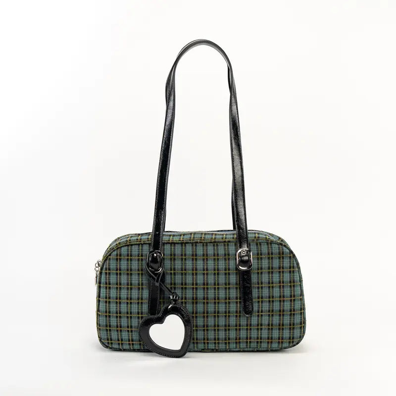 Red Plaid Bowler Shoulder Bag with Heart Charm
