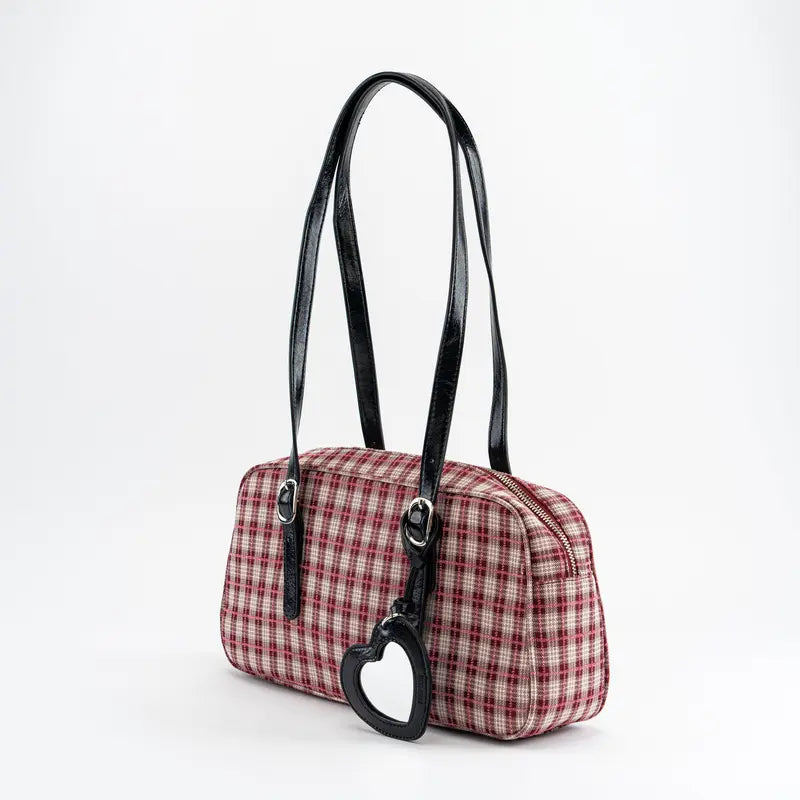 Red Plaid Bowler Shoulder Bag with Heart Charm