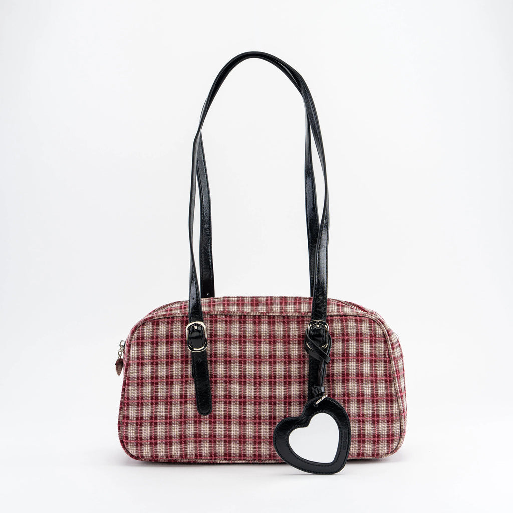 Red Plaid Bowler Shoulder Bag with Heart Charm