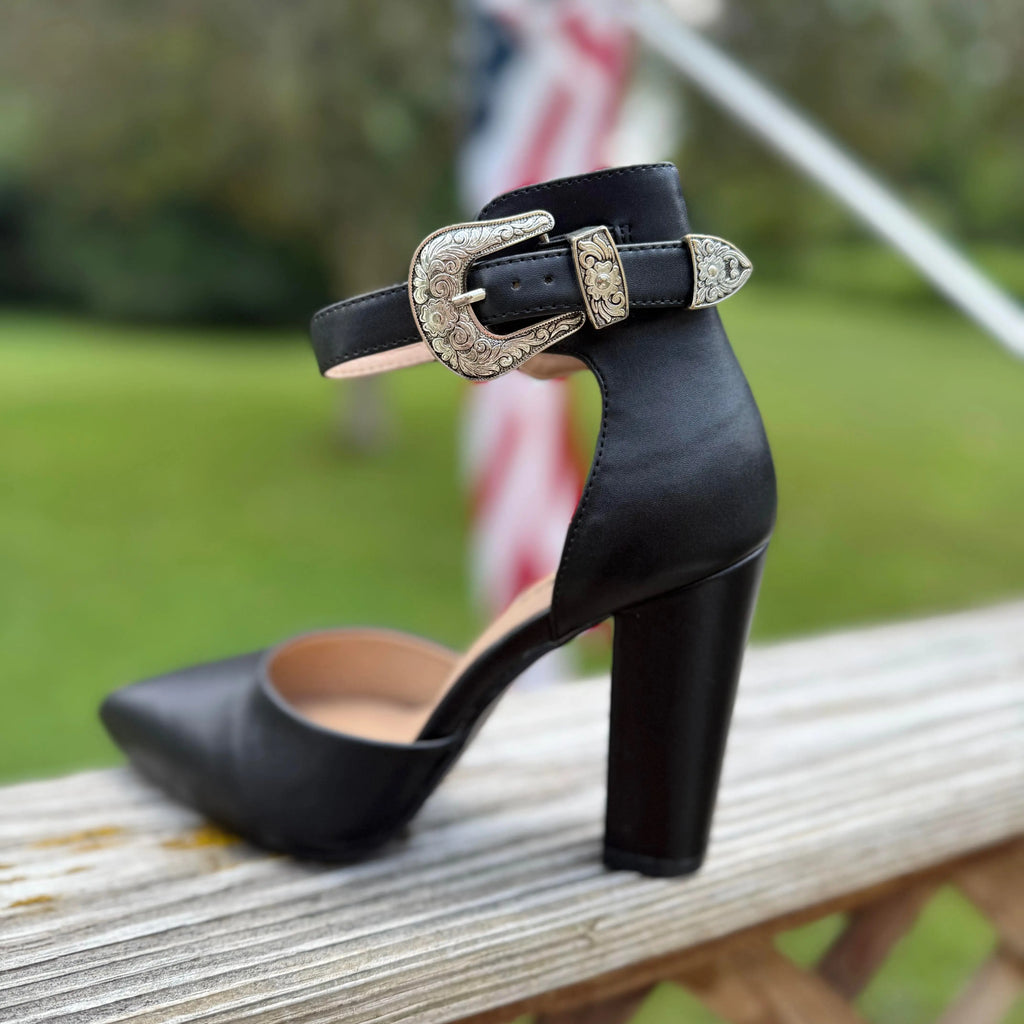 Black Pointed Toe Block Heel with Ankle Strap