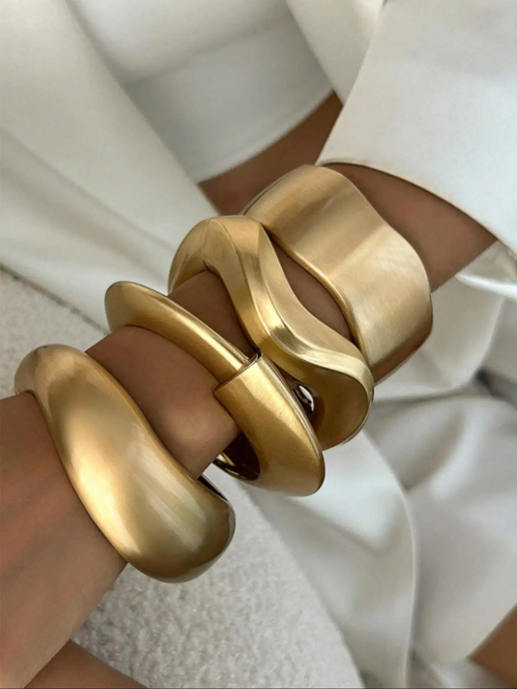 Chunky Brushed Gold Sculptural Cuff Bangles