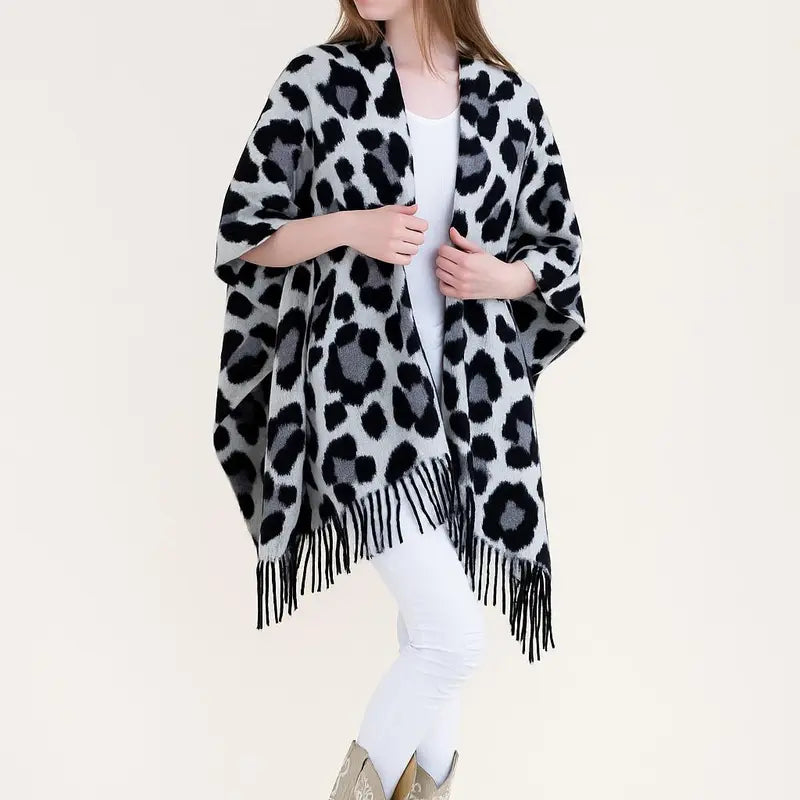 Leopard Print Open-Front Shawl with Fringe
