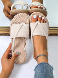 Beige Woven Rope-Sole Flat Slide Sandals