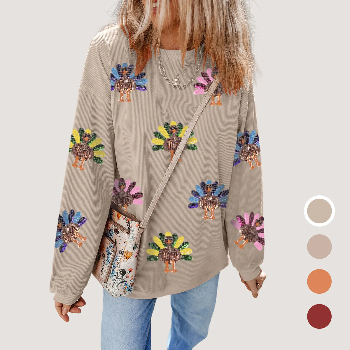 Beige Ribbed Sweatshirt With Sequin Turkey Motifs