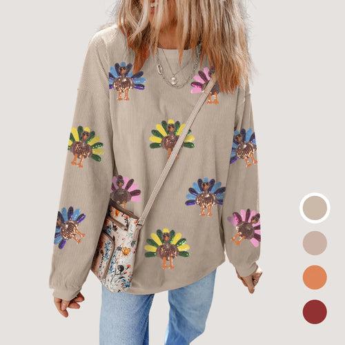 Beige Ribbed Sweatshirt With Sequin Turkey Motifs