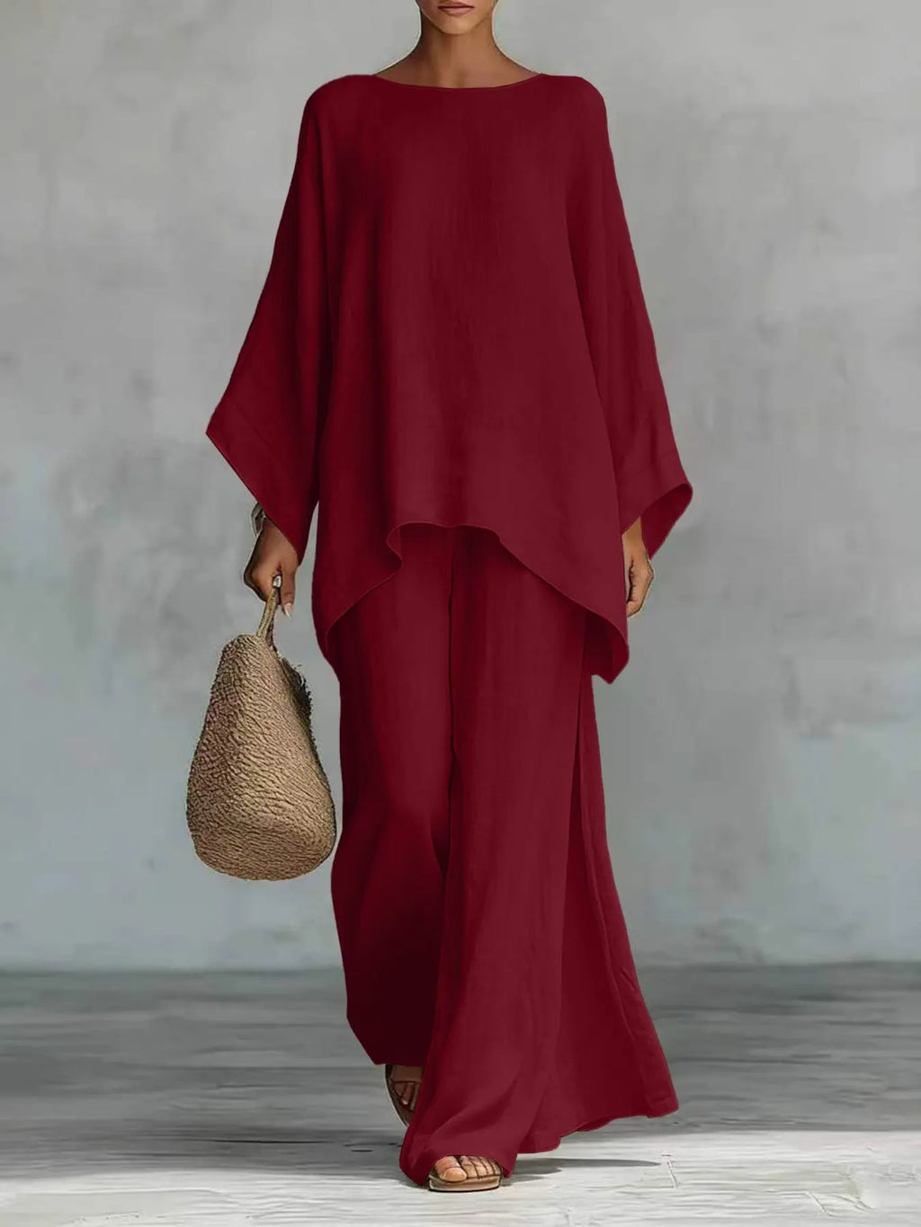 Burgundy Loose Blouse and Wide Leg Pants Set