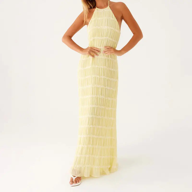 Cream Ruched Halter Maxi Dress, Backless Style