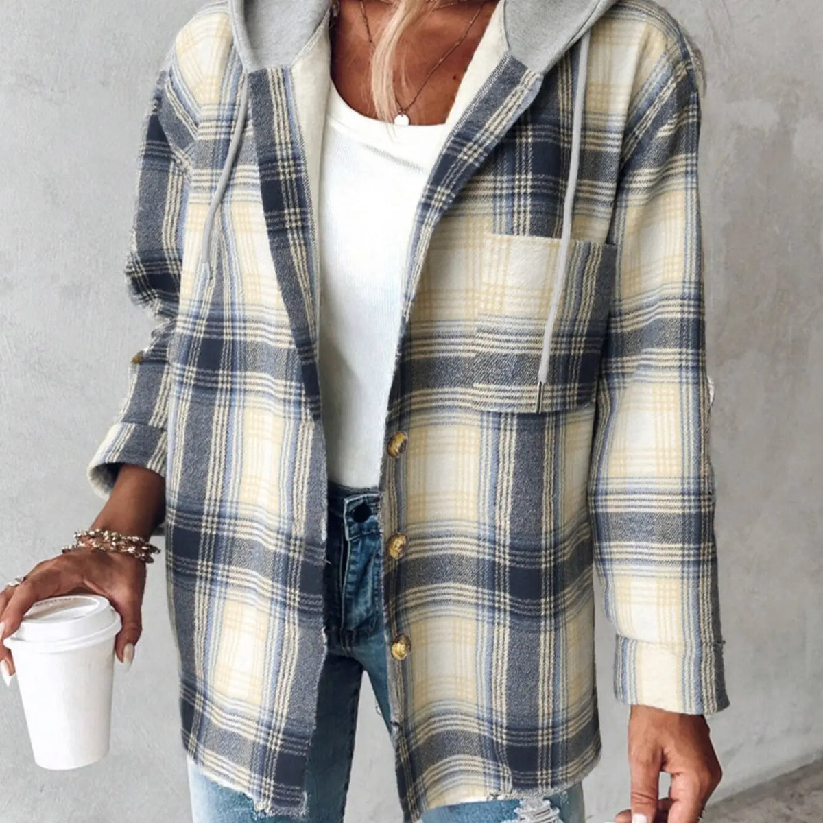 Grey and White Plaid Hooded Shirt Jacket