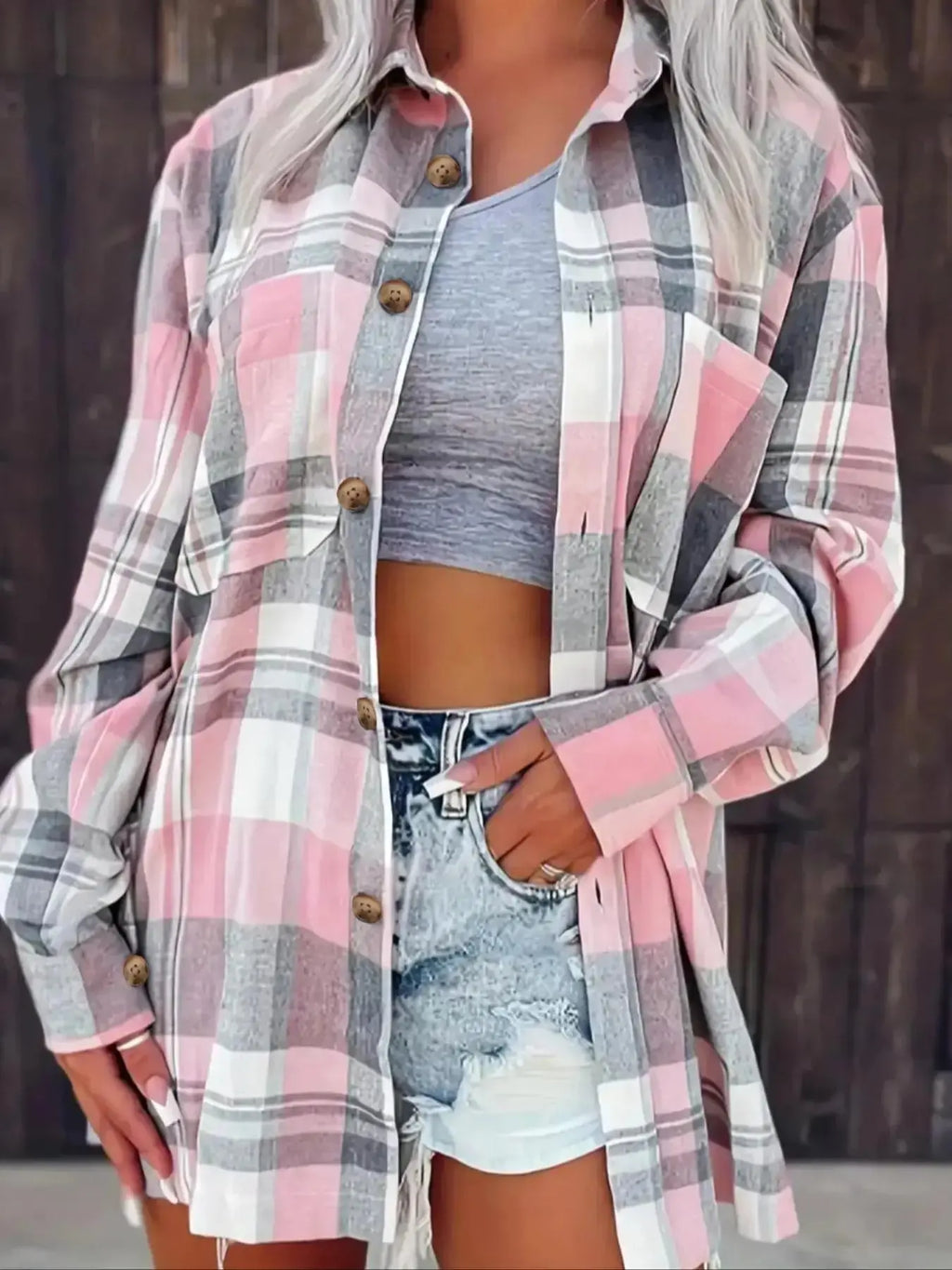 Pink and Grey Plaid Button-Front Shirt Jacket