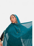 Teal Sheer Headscarf with Gold Embroidered Trim