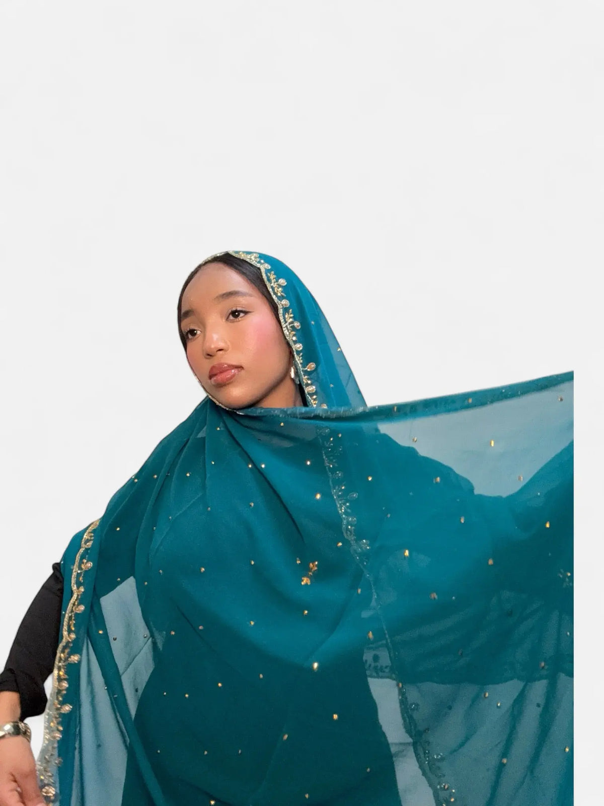 Teal Sheer Headscarf with Gold Embroidered Trim