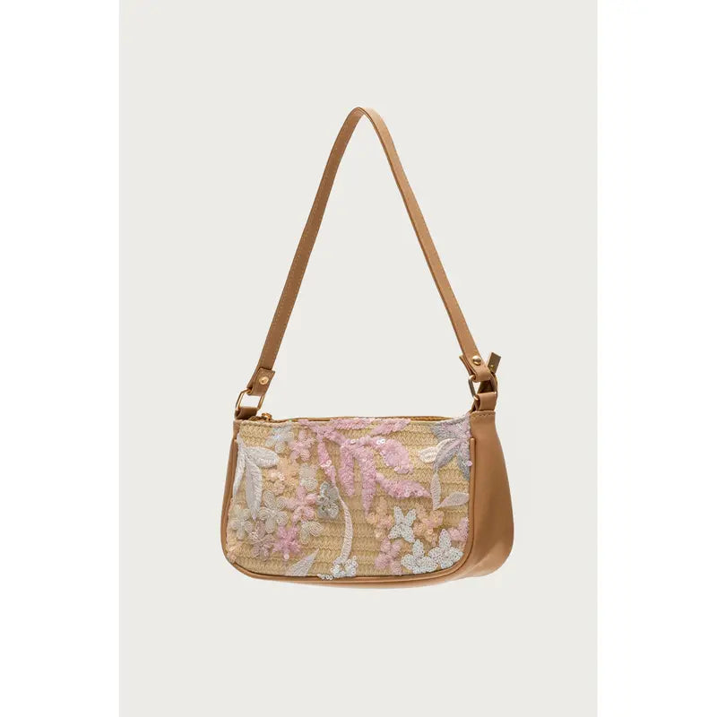 Straw Shoulder Bag with Sequin Flowers