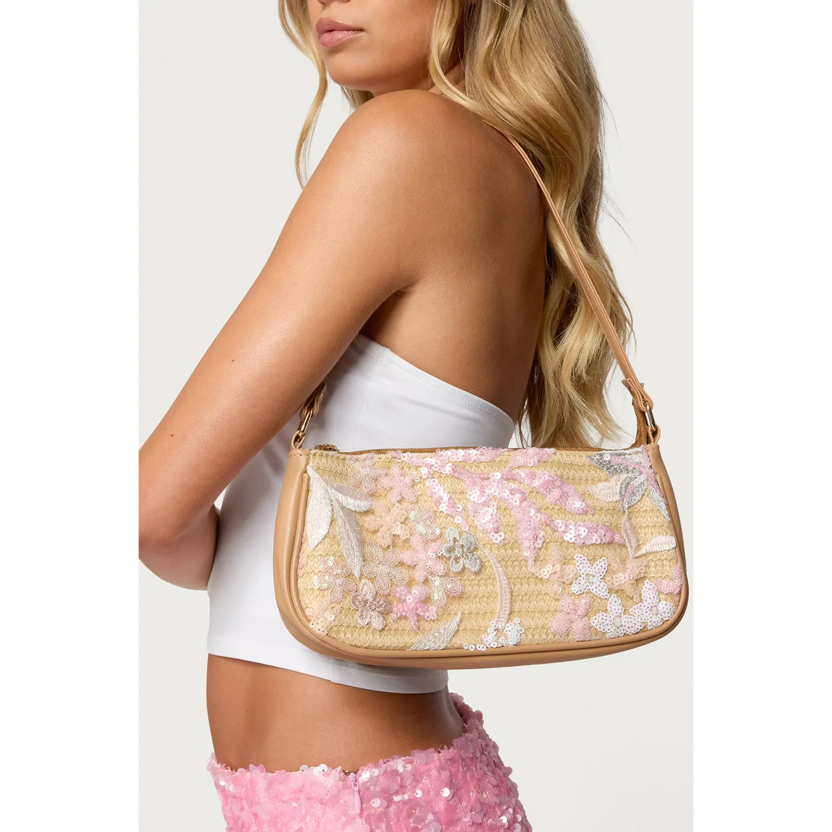 Straw Shoulder Bag with Sequin Flowers