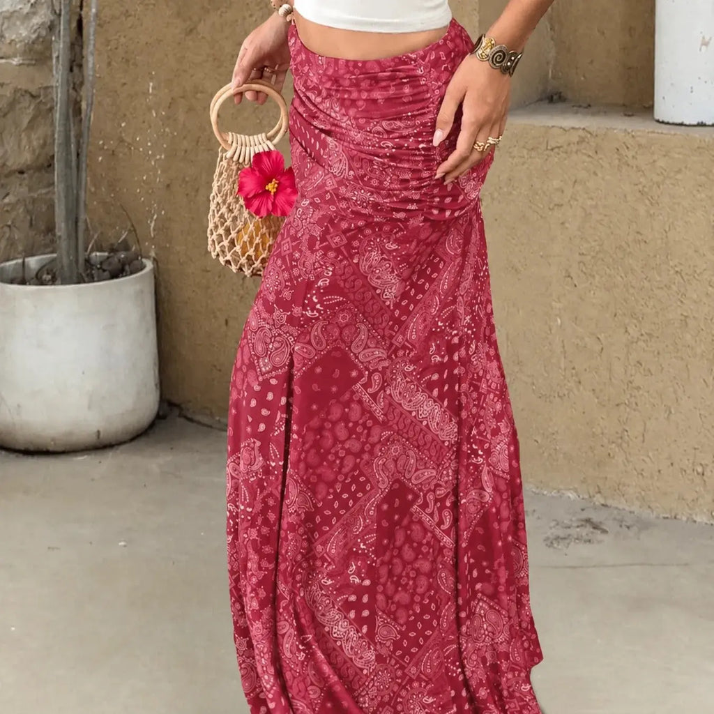 Red Paisley Print Ruched Maxi Skirt