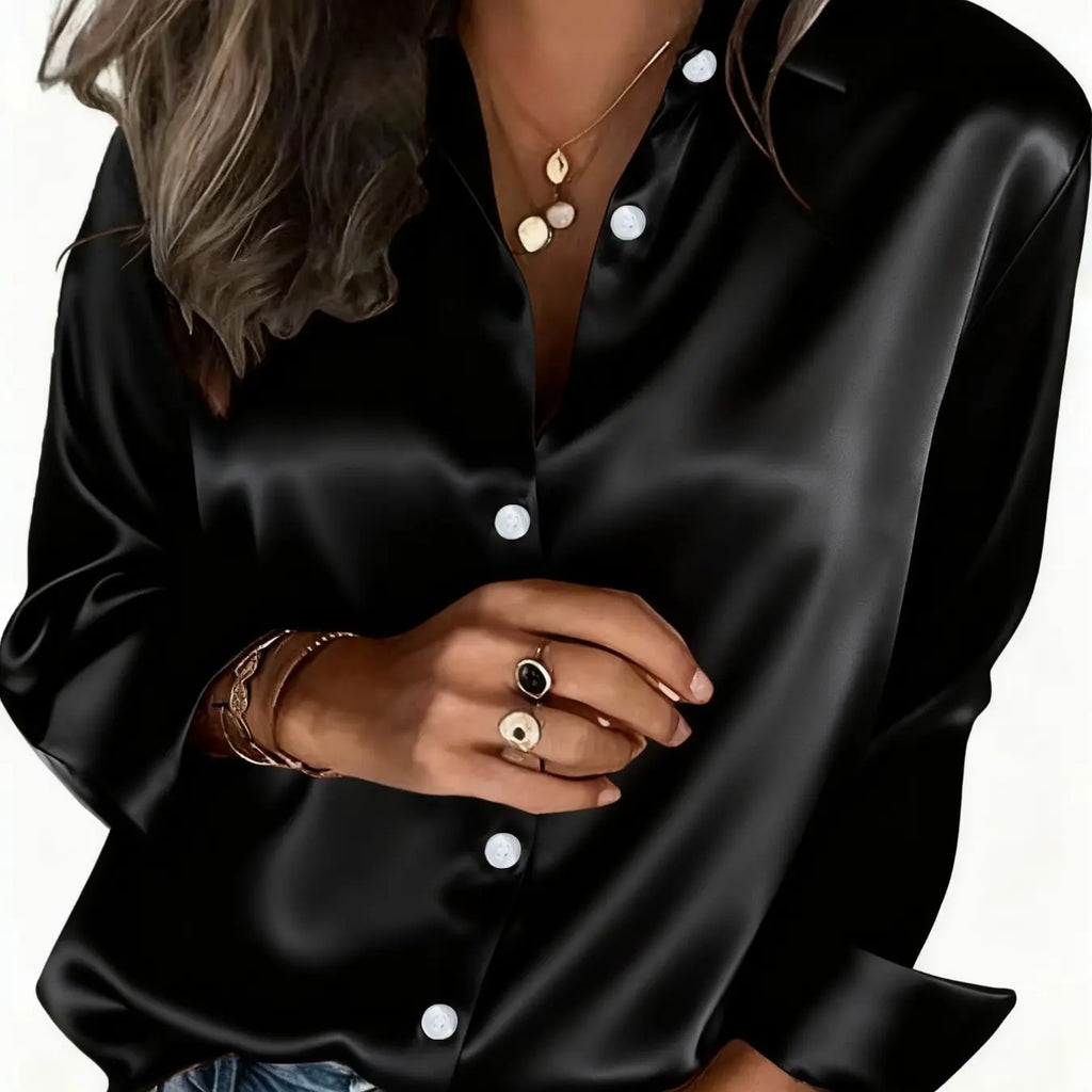 White Satin Button-Down Shirt with Long Sleeves