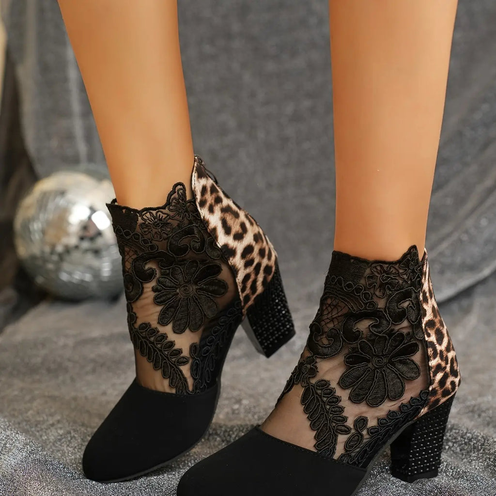Black Lace Mesh Block Heel Ankle Boots