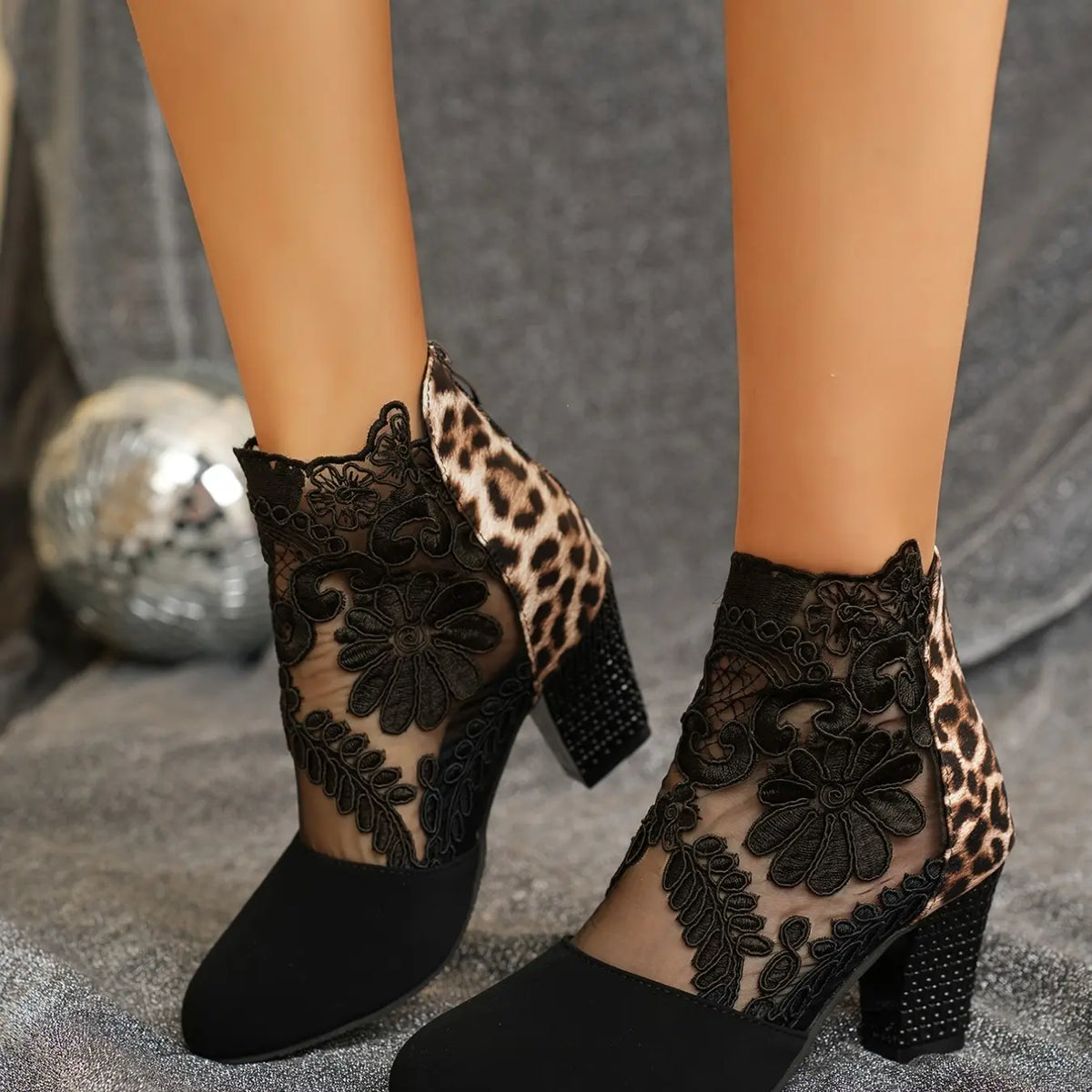Black Lace Mesh Block Heel Ankle Boots