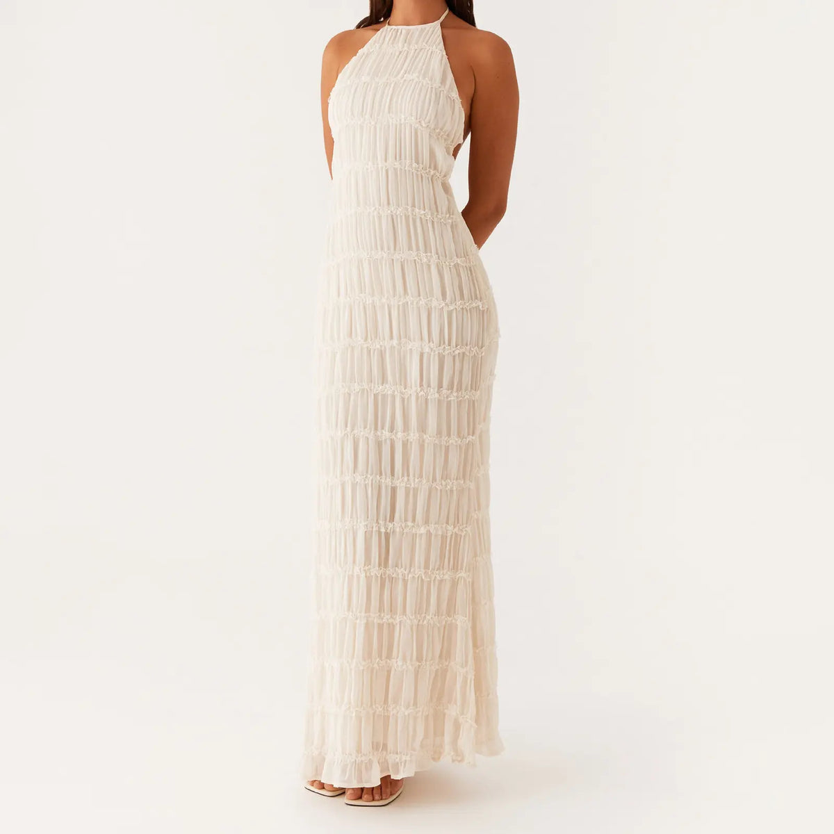 Cream Ruched Halter Maxi Dress, Backless Style