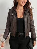 Brown Faux Leather Jacket with Hooded Insert