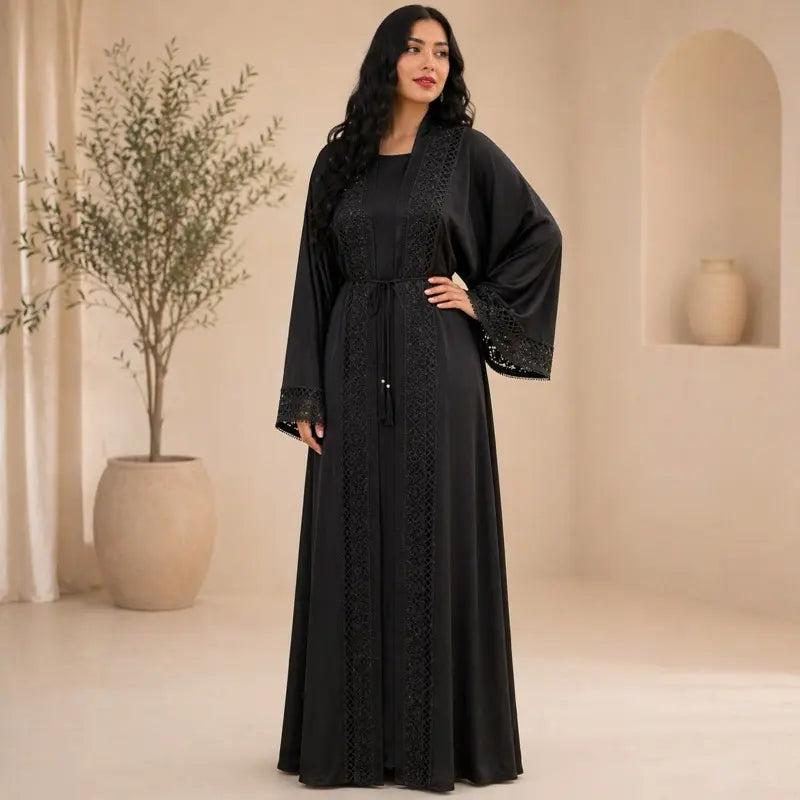 Black Long Open Robe with Lace Trim and Tie Belt