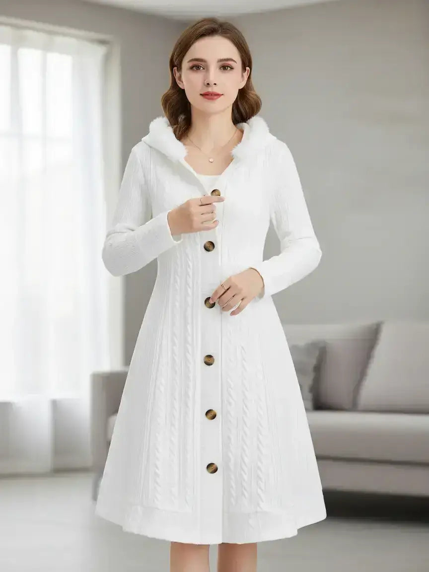 White Cable Knit Hooded Button Front Long Coat