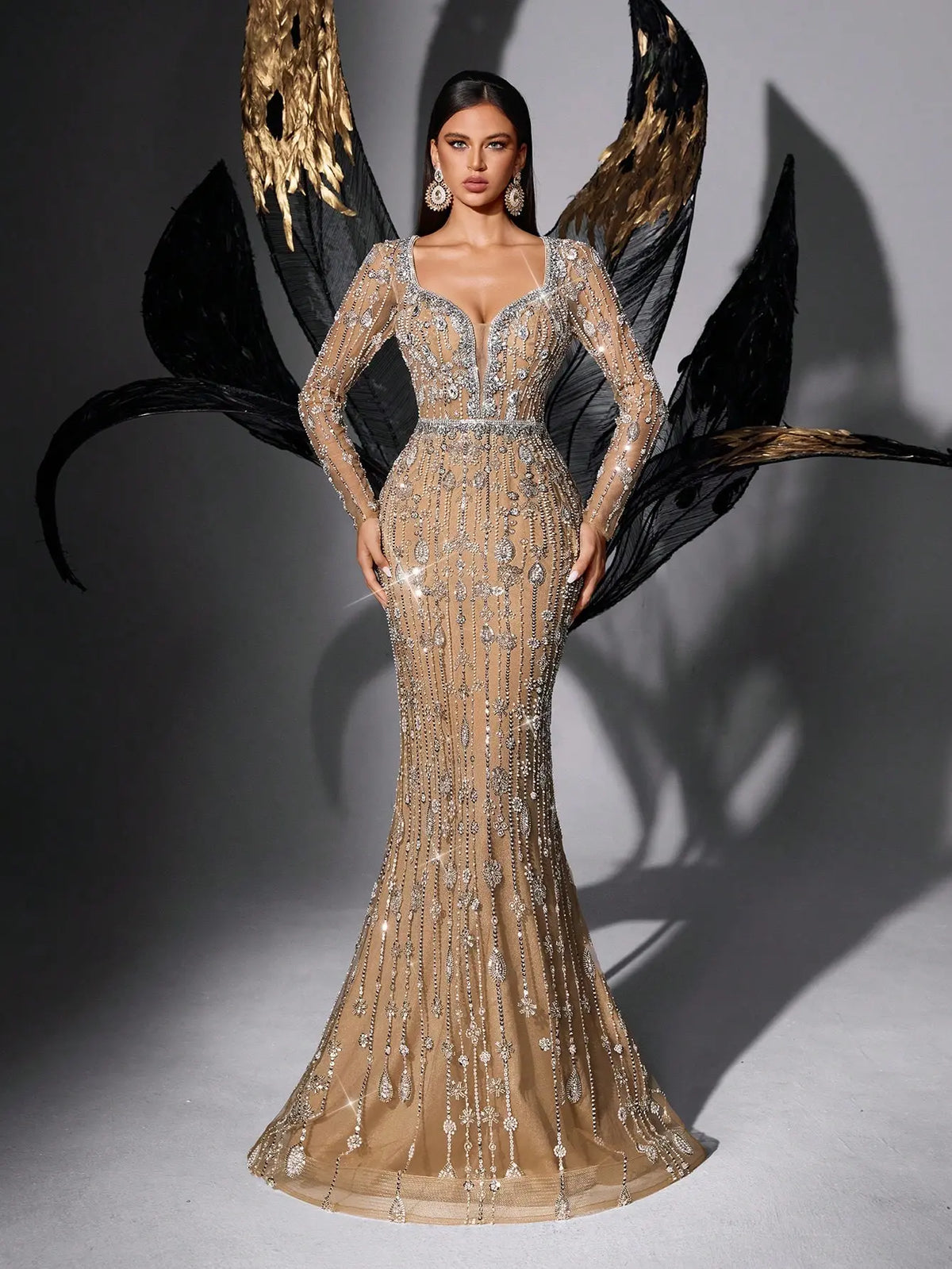Champagne Beaded Long Sleeve Mermaid Gown