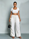 White Wide-Leg Drawstring Pants With Ruched Side Pockets