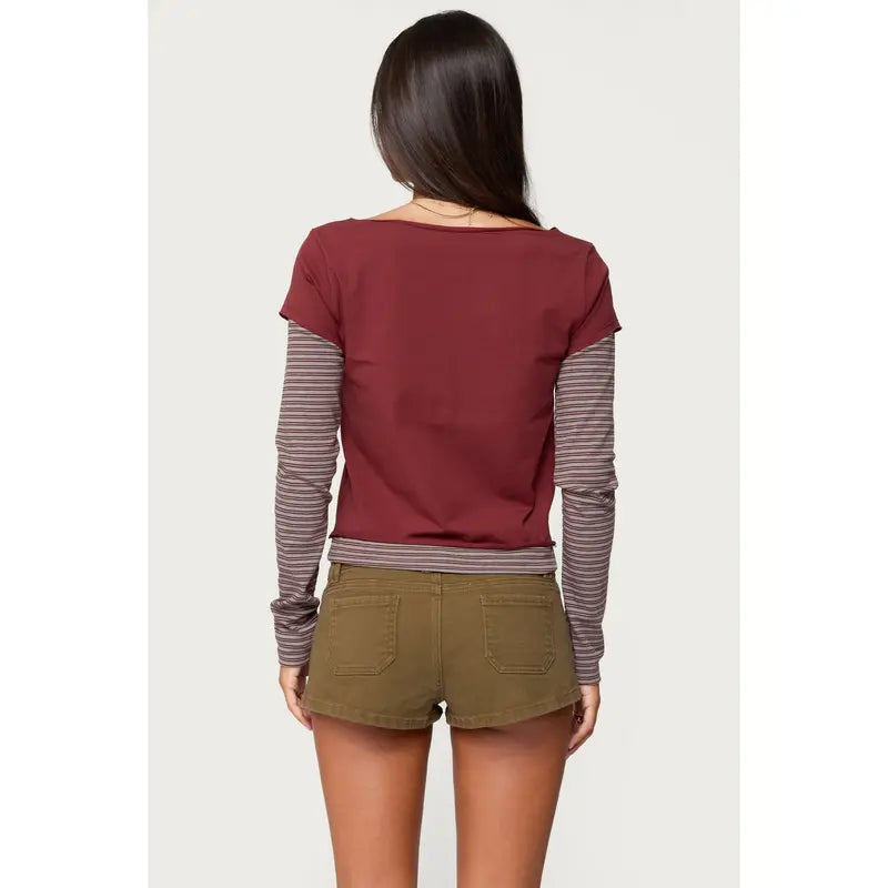 Maroon Cropped Top With Striped Long Sleeves