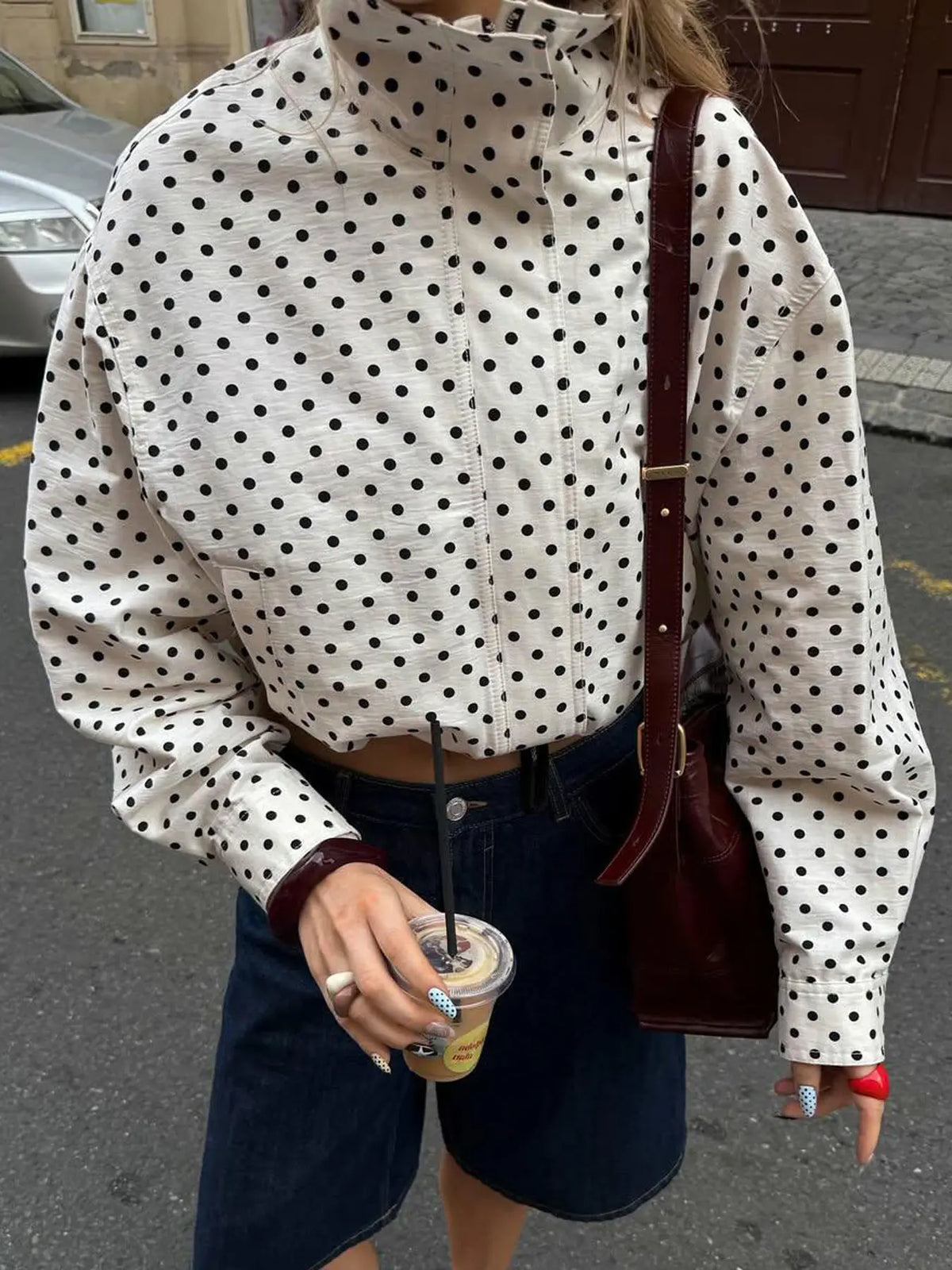 Cream Polka Dot Funnel-Neck Cropped Jacket
