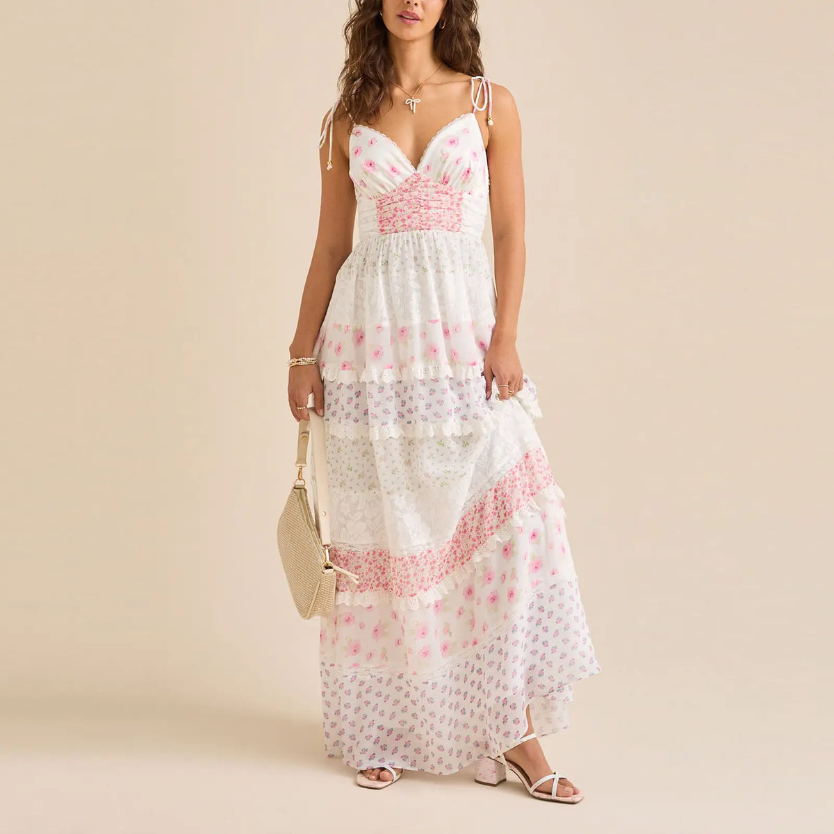 Floral Tiered Maxi Dress with Tie Straps