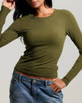 Olive Green Ribbed Long Sleeve Fitted Top