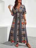 Navy Boho Print Maxi Dress with Batwing Sleeves