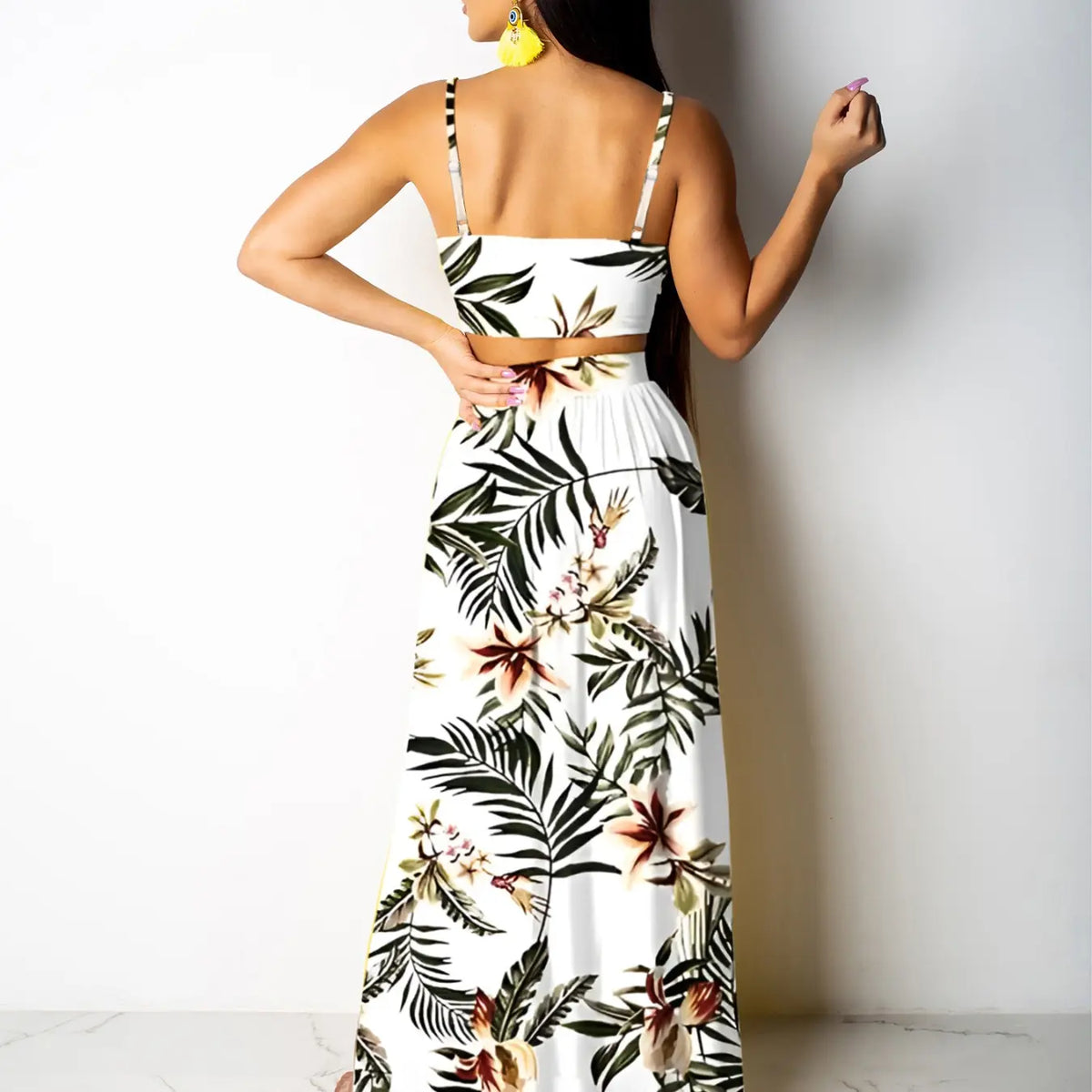 Green Palm Leaf Print Crop Top and Slit Skirt Set