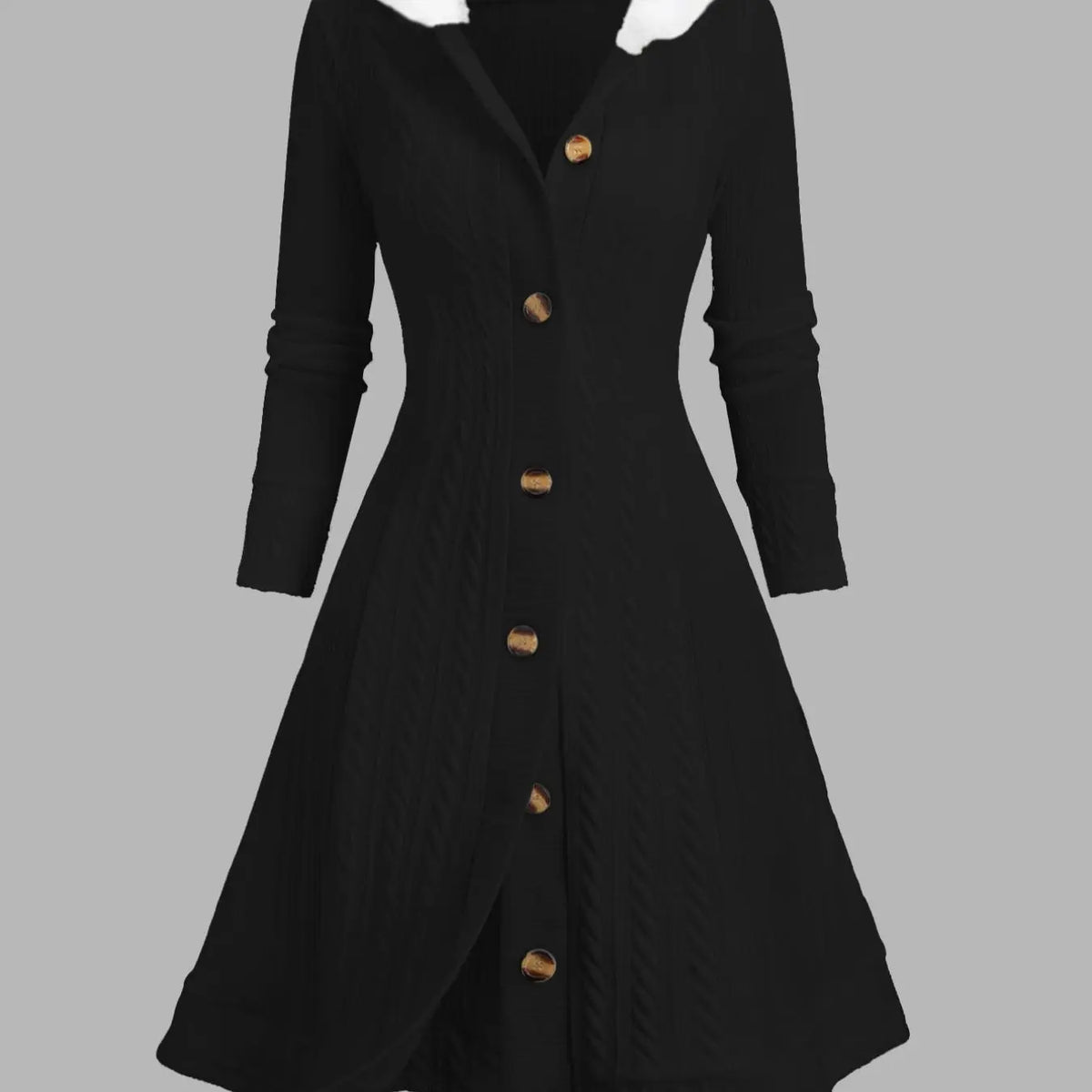 White Cable Knit Hooded Button Front Long Coat