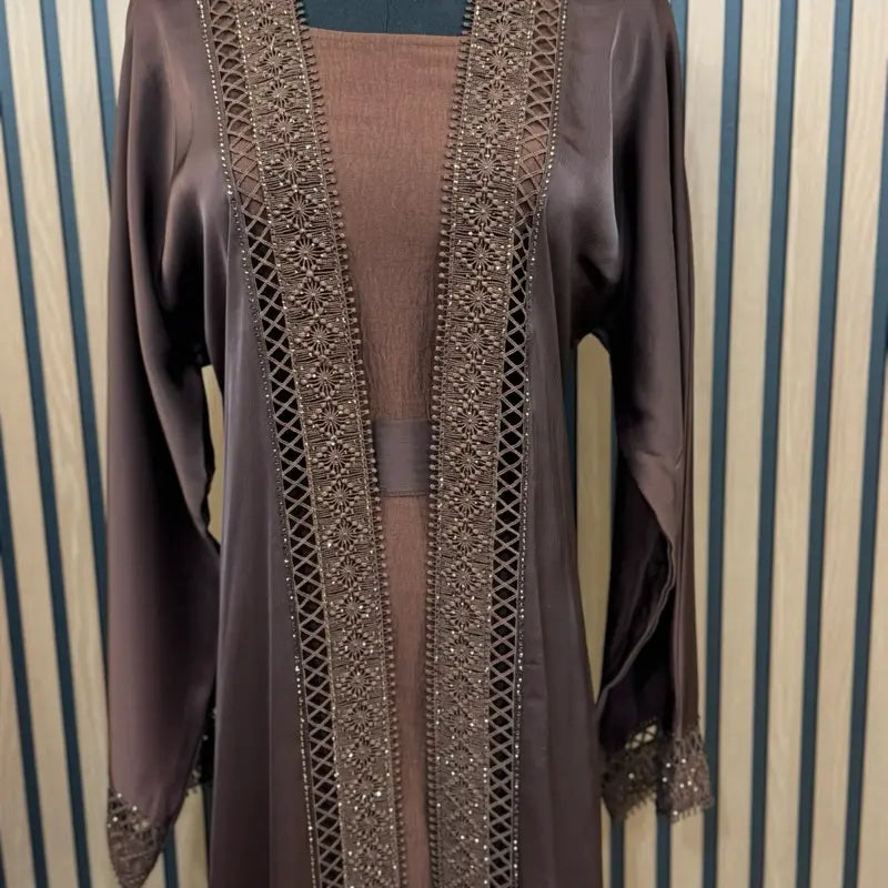 Black Long Open Robe with Lace Trim and Tie Belt