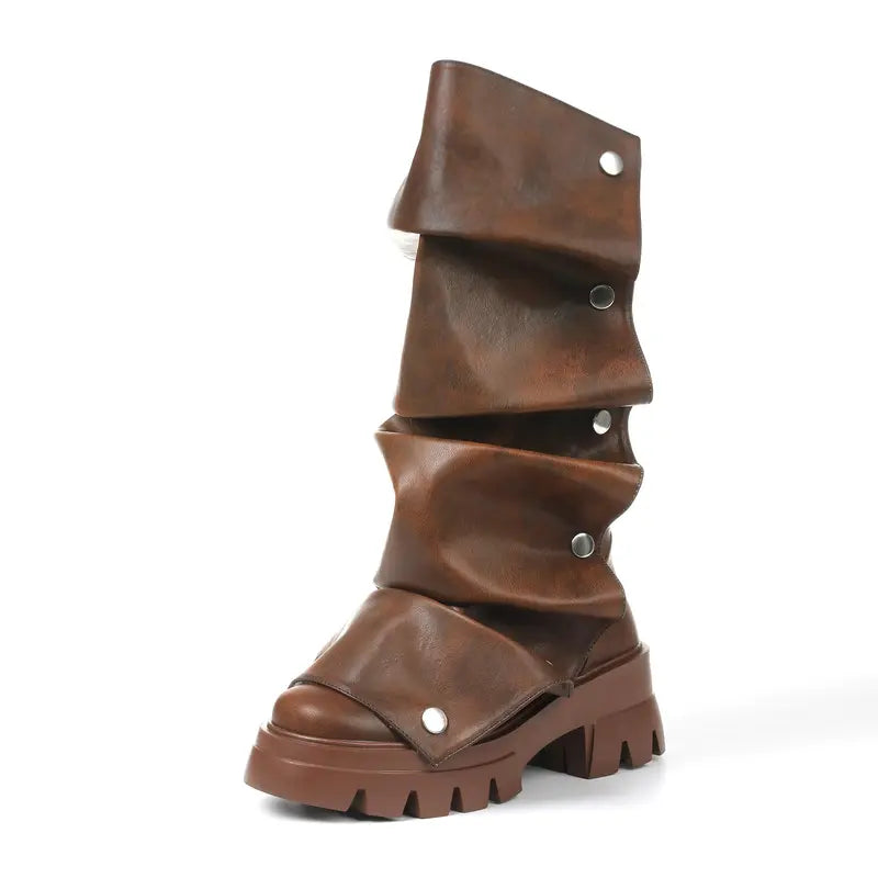Black Ruched Mid-Calf Boots with Snap Studs