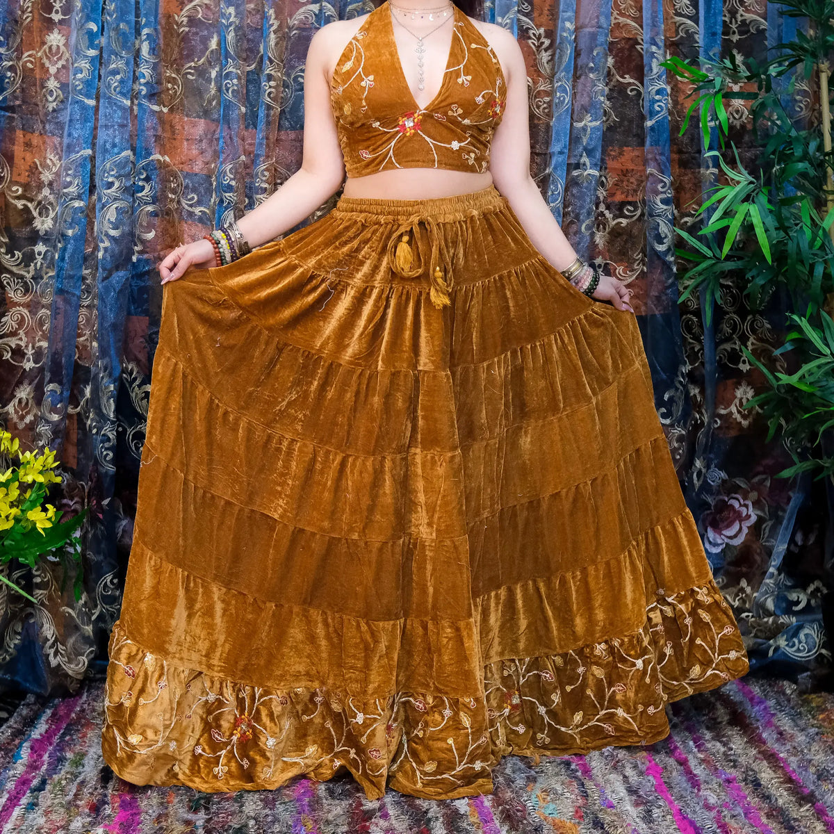 Golden Brown Velvet Halter Top and Tiered Skirt