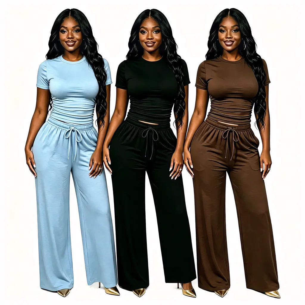 Ruched Short Sleeve Top and Wide Leg Pants Set