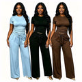 Ruched Short Sleeve Top and Wide Leg Pants Set