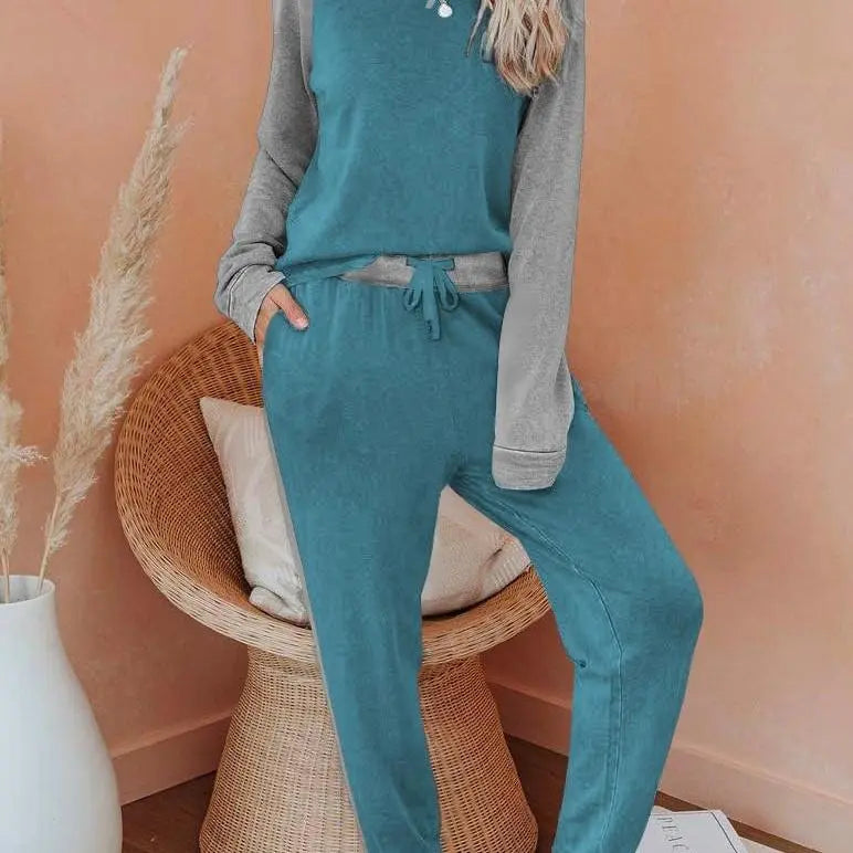 Grey Two-Piece Loungewear Set with Black Sleeves