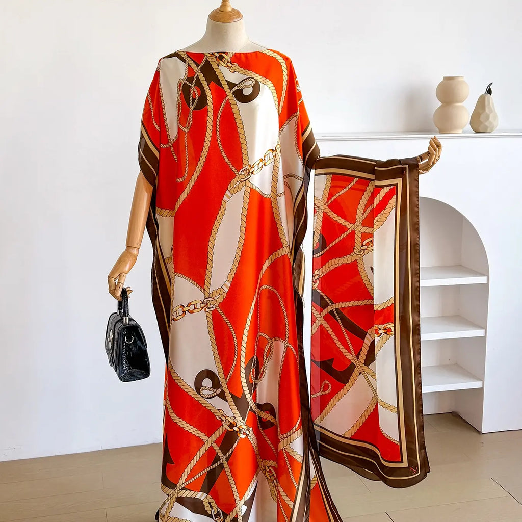 Purple Printed Loose Kaftan Dress with Long Scarf