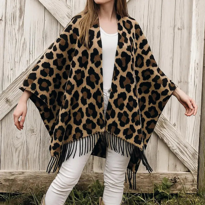 Leopard Print Open-Front Shawl with Fringe