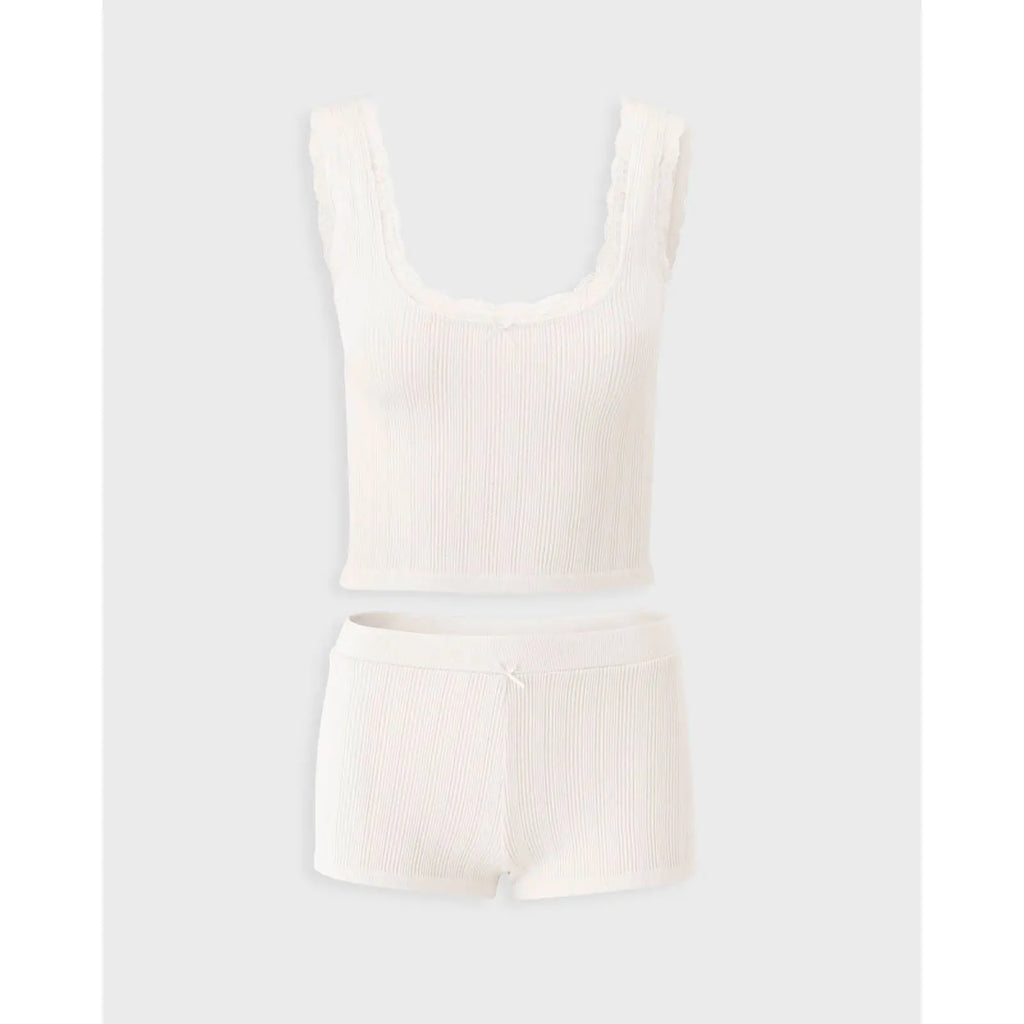 Cream Ribbed Lace Trim Tank and Shorts Set