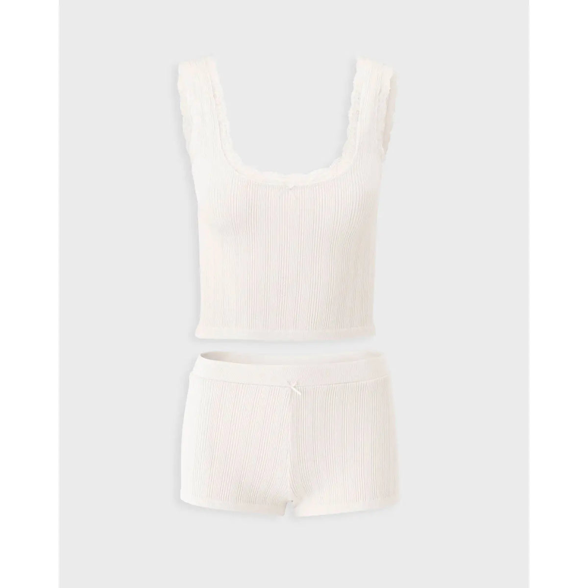 Cream Ribbed Lace Trim Tank and Shorts Set