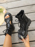 Black Platform Lace-Up Open Toe Ankle Sandals