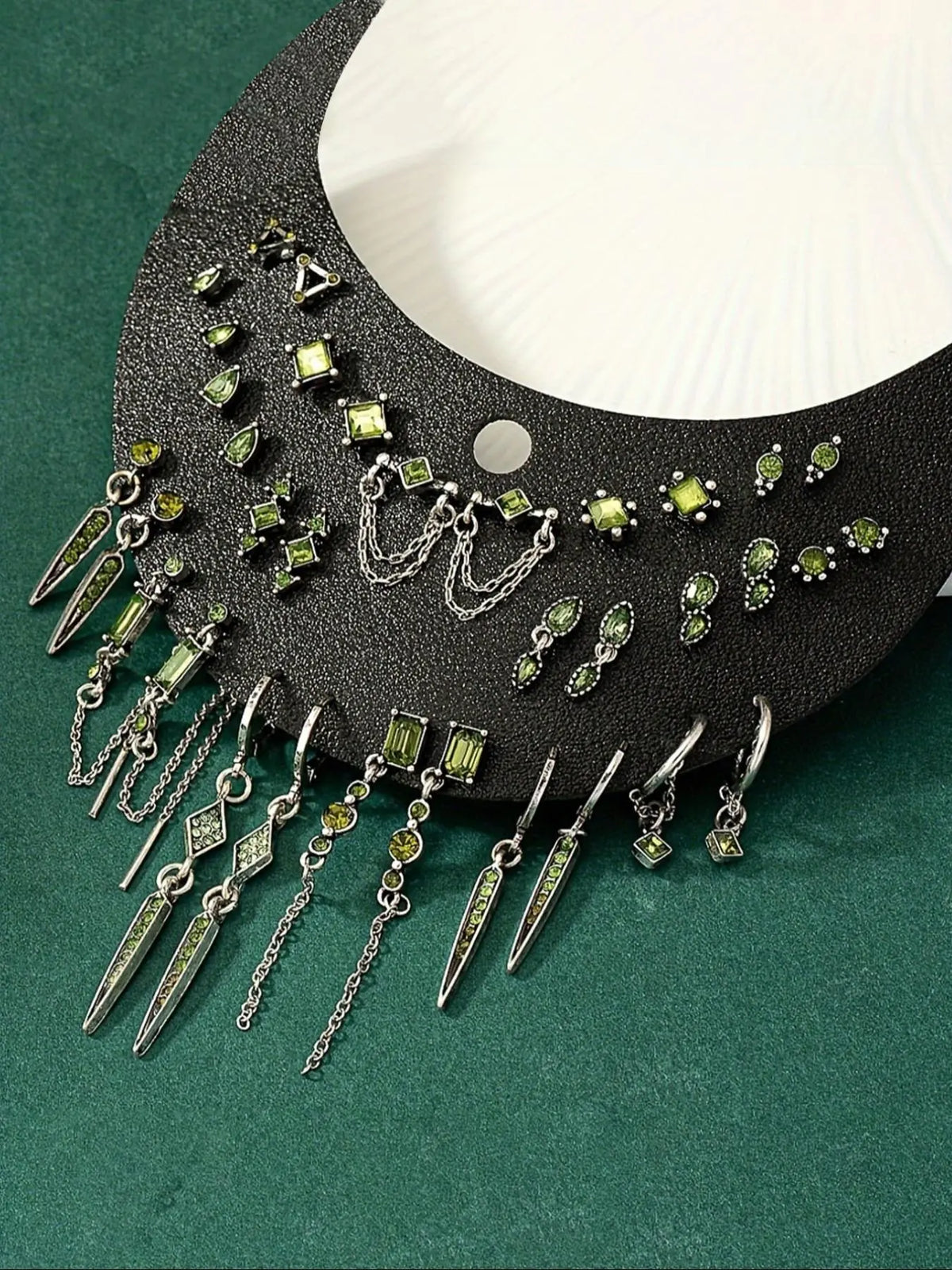 Green Stone Silver Tone Earring Stacking Set