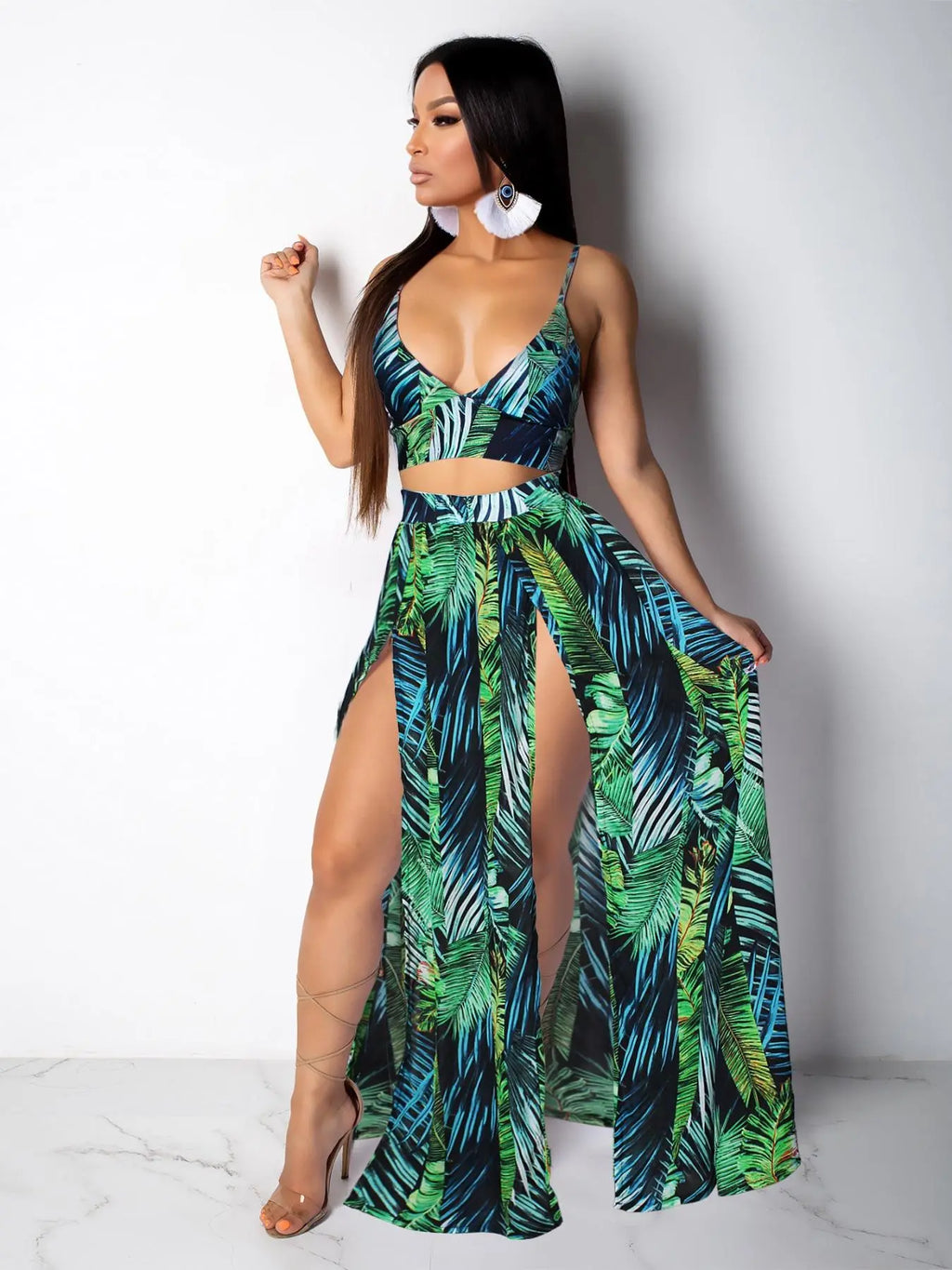 Green Palm Leaf Print Crop Top and Slit Skirt Set