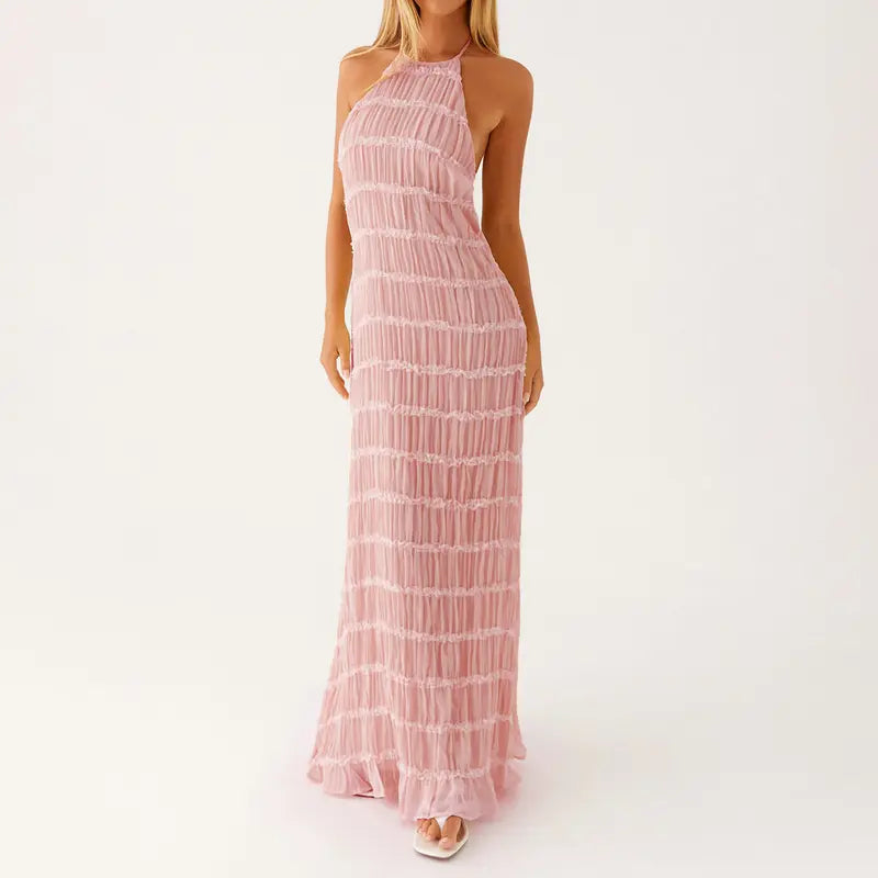 Cream Ruched Halter Maxi Dress, Backless Style